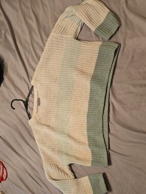 Striped Cream and Sage Knit Scoop Sweater